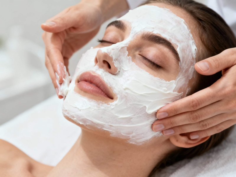 Massage et soin du visage relaxant appliqué par une esthéticienne de l'institut